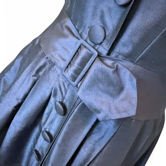 Teri Jon Navy Blue Structured Belted Silk Dress Rockabilly Wedding Guest Size 4 - Picture 8 of 12